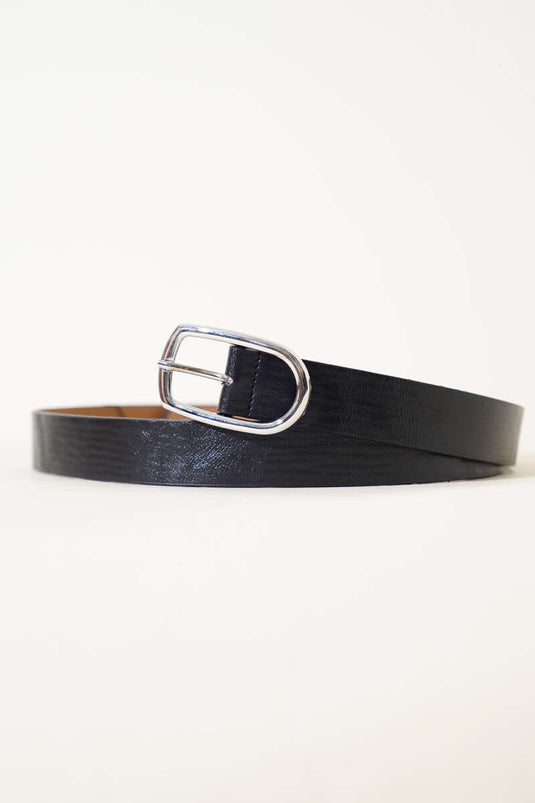 Oval Metal Buckle Belt Black Silver