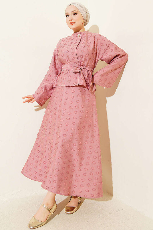 Ensemble jupe à ceinture avec pompons ovales couleur rose fané