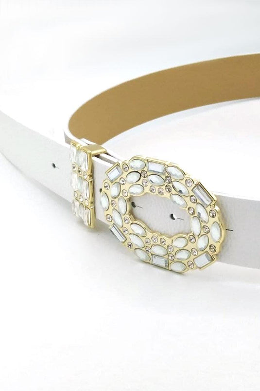 Ceinture blanche or avec boucle décorative ovale en pierre