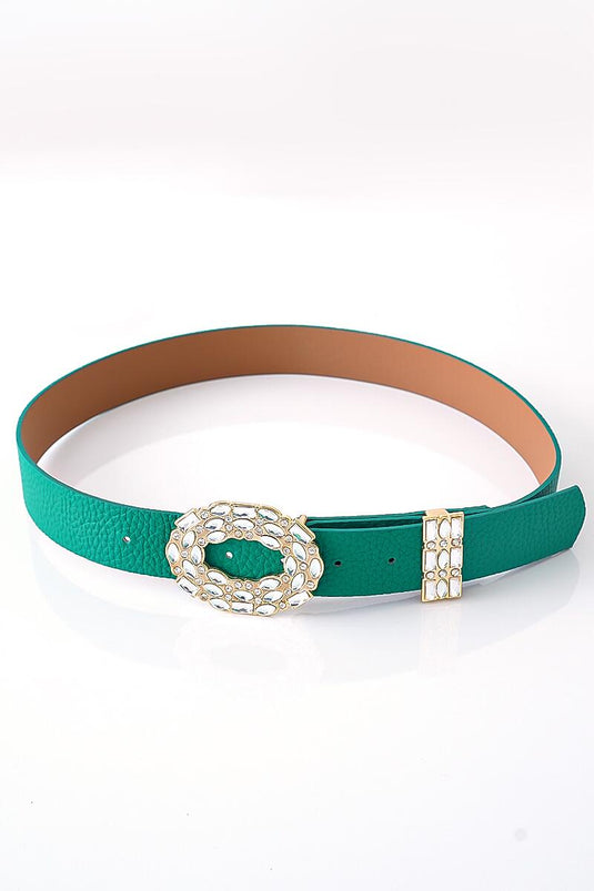 Ceinture verte avec boucle décorative en pierre ovale