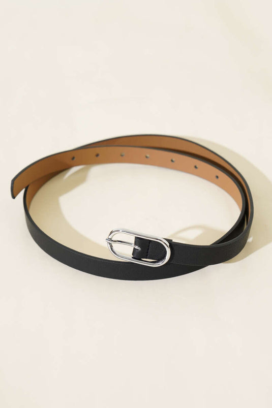 Ceinture fine ovale à boucle noire argentée
