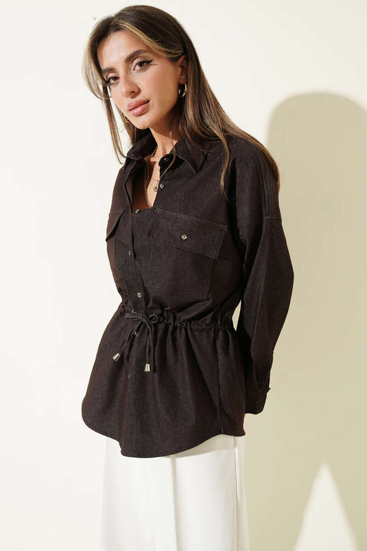 Oversize Beli Tünelli Gömlek Kahve
