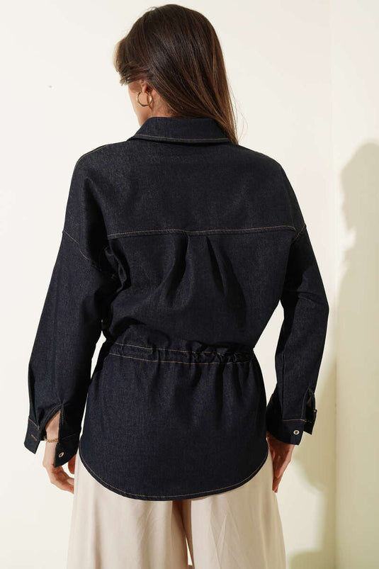 Oversize Beli Tünelli Gömlek Mavi