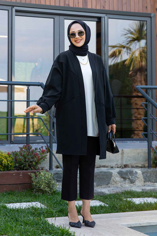 Modest Jacket with Side Pockets, Satin Finish, Black