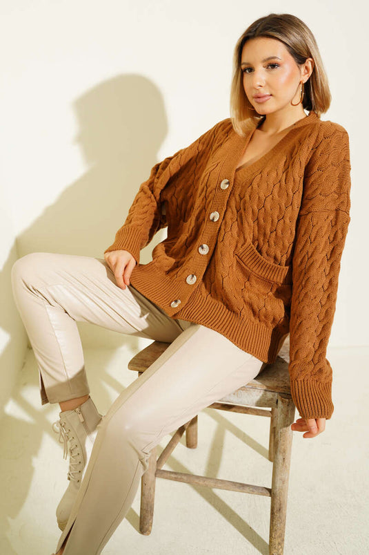 Oversize-Strickjacke mit Taschen, Hellbraun