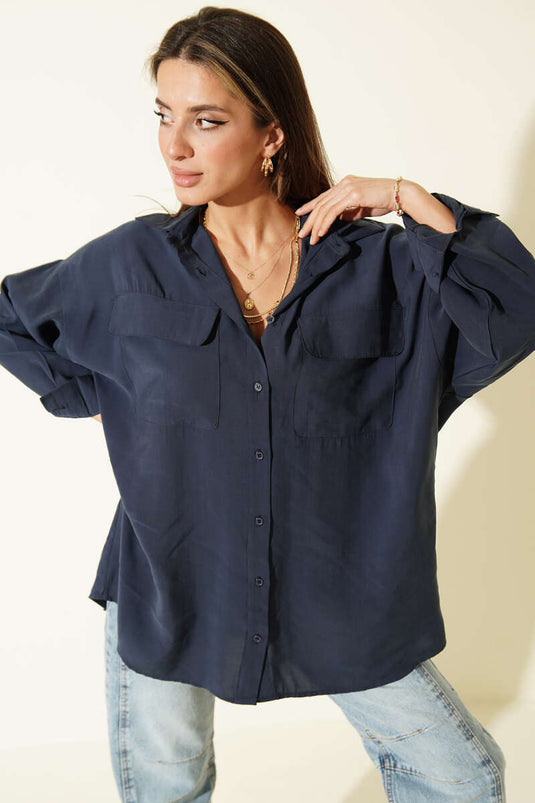 Oversize Çift Cepli Modal Gömlek Lacivert