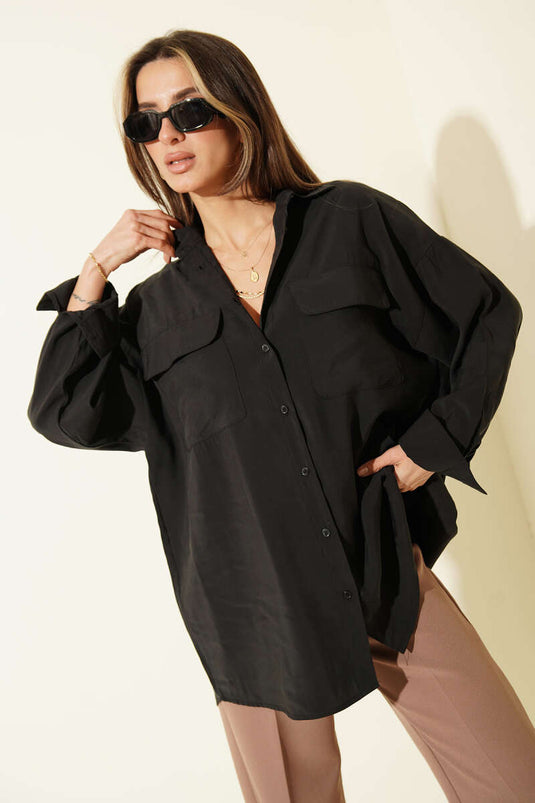 Chemise oversize en modal avec double poche noire