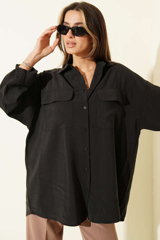 Oversize Çift Cepli Modal Gömlek Siyah