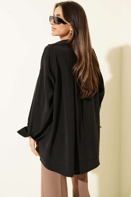 Oversize Çift Cepli Modal Gömlek Siyah