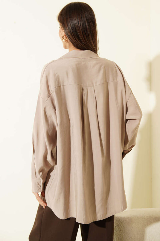 Oversize Çift Cepli Modal Gömlek Taş