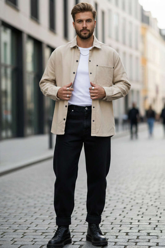 Chemise en jean oversize pour homme à boutons-pression beige