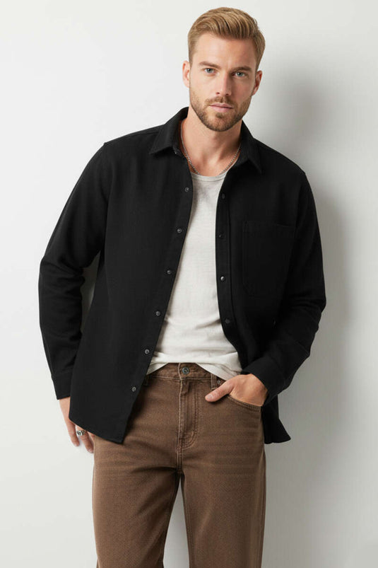 Oversized Snap-Button Men's Denim Shirt Black