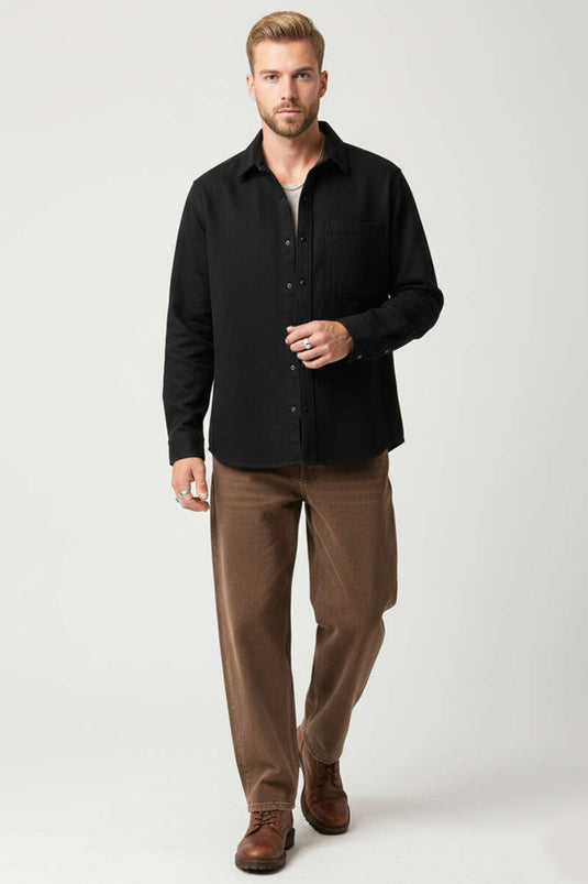 Oversized Snap-Button Men's Denim Shirt Black