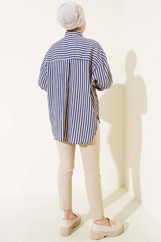 Oversize Thick Striped Shirt Navy Blue