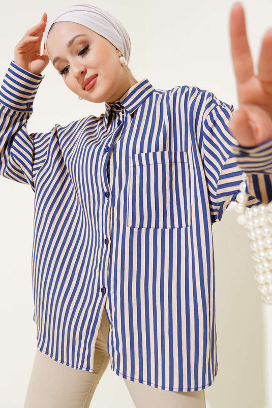 Oversize Thick Striped Shirt Navy Blue