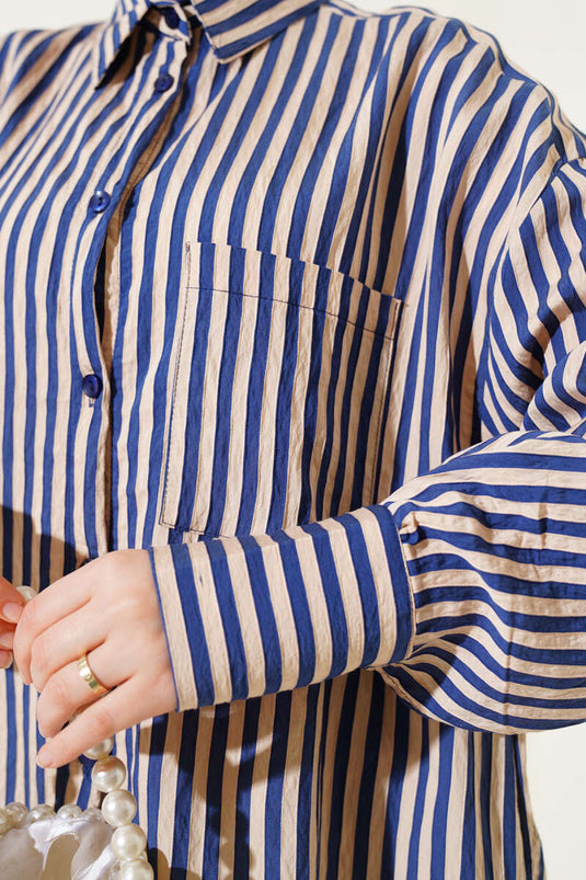 Oversize Thick Striped Shirt Navy Blue