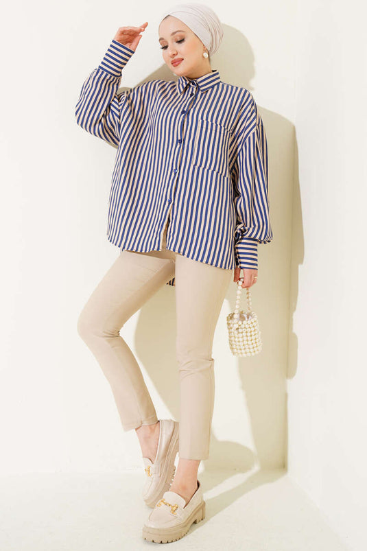 Oversize Thick Striped Shirt Navy Blue