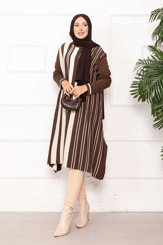 Oversize Vertical Striped Knit Tunic Brown