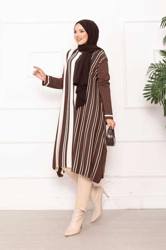 Oversize Vertical Striped Knit Tunic Brown