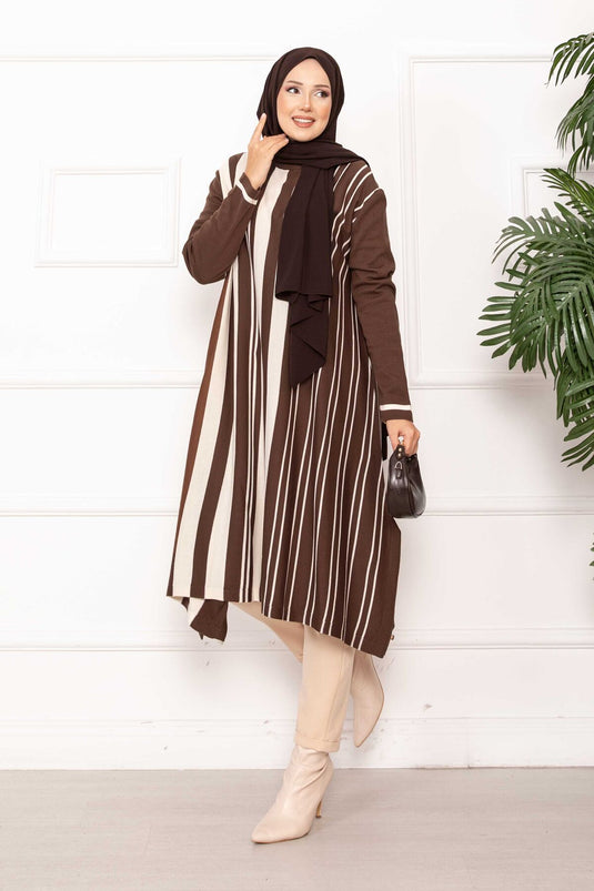 Oversize Vertical Striped Knit Tunic Brown
