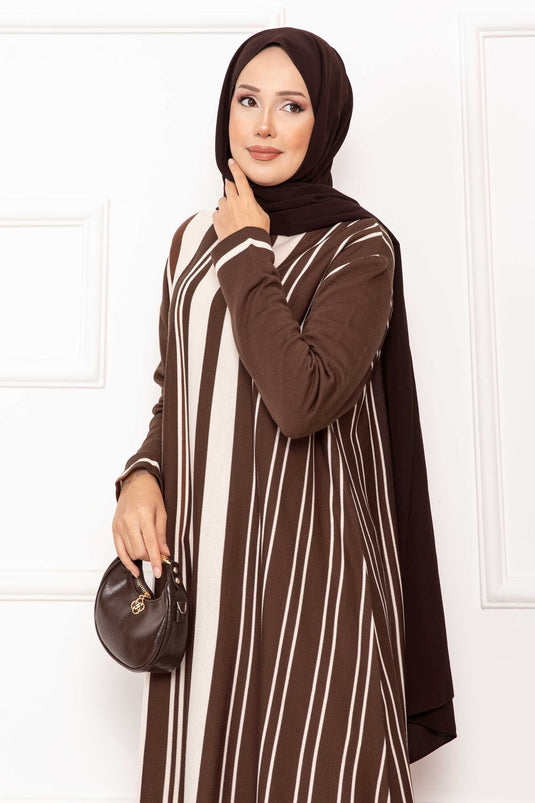 Oversize Vertical Striped Knit Tunic Brown