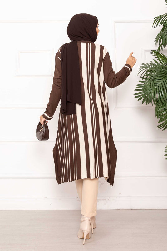 Oversize Vertical Striped Knit Tunic Brown