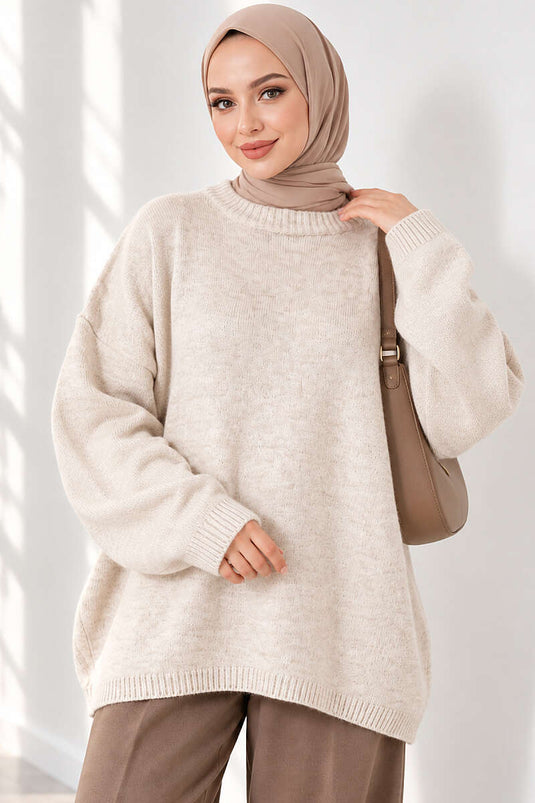 Oversize Düşük Omuz Triko Tunik Bej