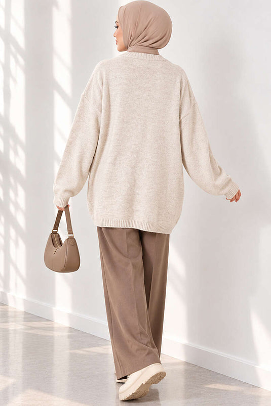 Oversize Düşük Omuz Triko Tunik Bej
