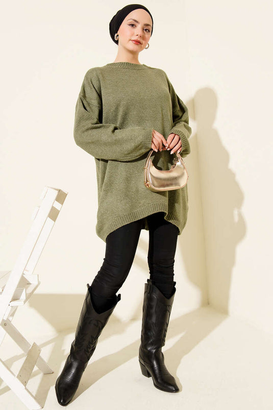 Maglione tunica oversize a spalla bassa verde oliva