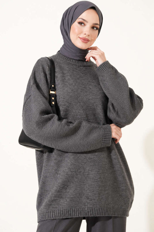 Oversize Düşük Omuz Triko Tunik Füme