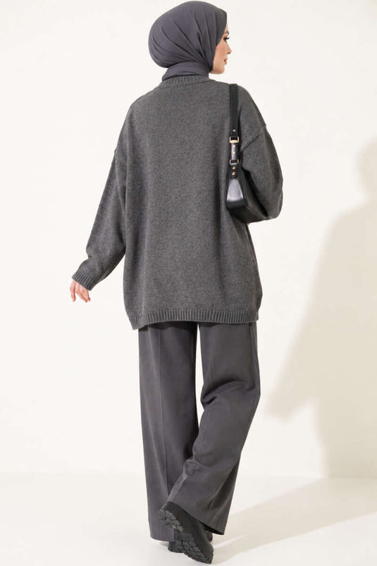 Oversize Düşük Omuz Triko Tunik Füme