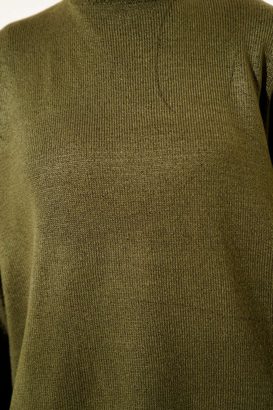 Oversize Düşük Omuz Triko Tunik Haki