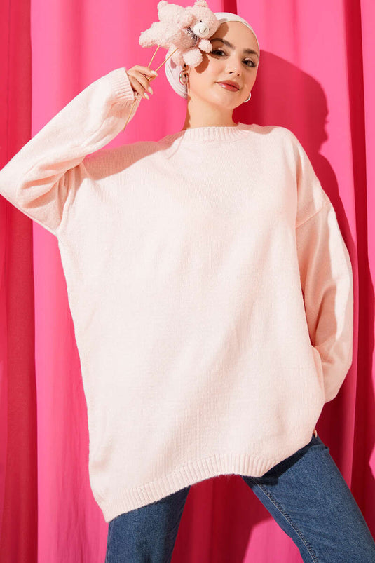 تونيك تريكو بأكتاف منخفضة ومقاس كبير بلون بودرة