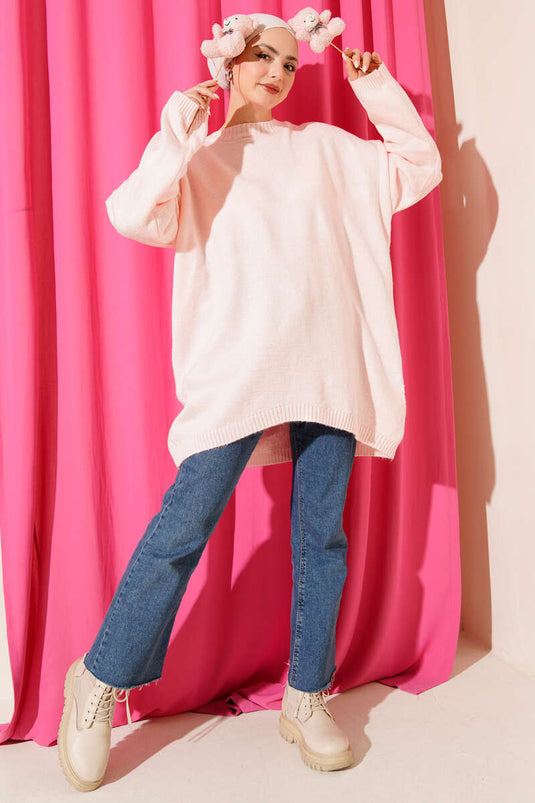 تونيك تريكو بأكتاف منخفضة ومقاس كبير بلون بودرة