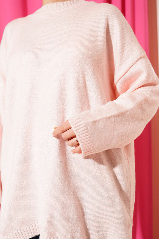 تونيك تريكو بأكتاف منخفضة ومقاس كبير بلون بودرة