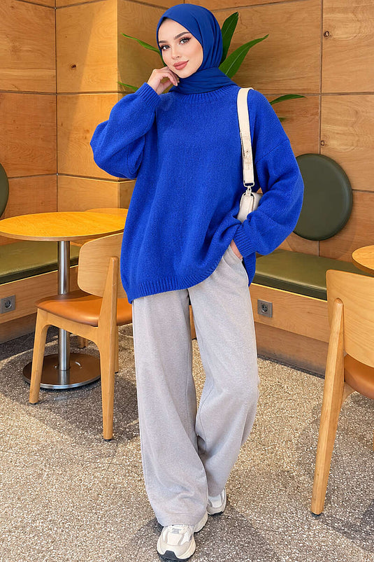 Oversize Düşük Omuz Triko Tunik Saks