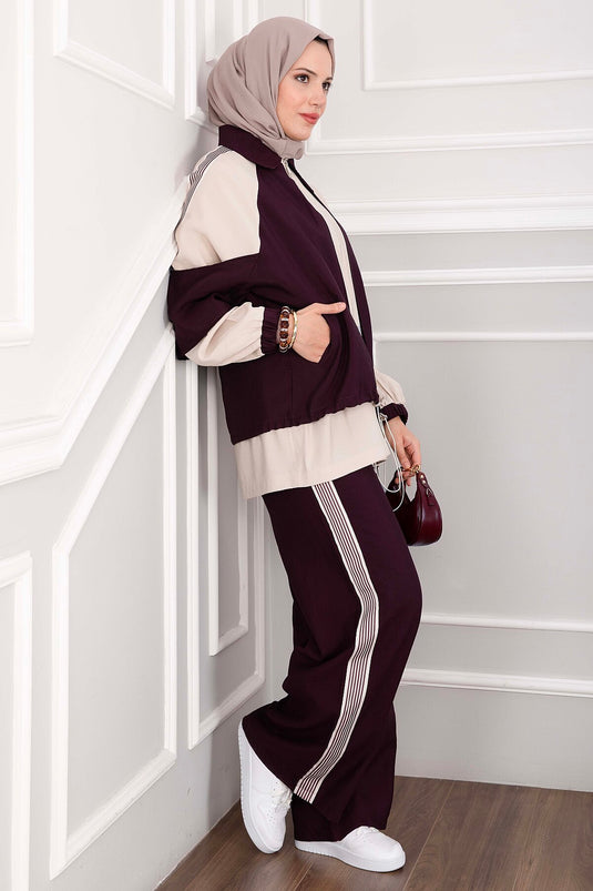 Oversize Fermuarlı İkili Spor Takım Bordo