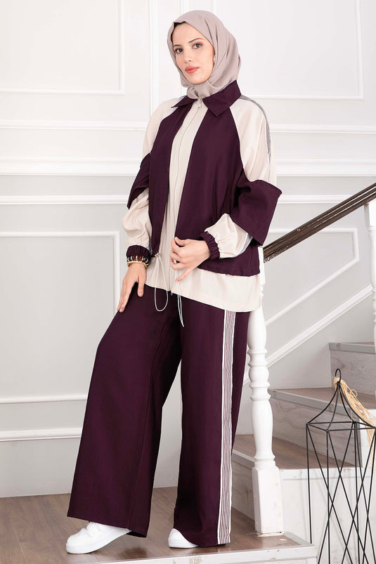 Oversize Fermuarlı İkili Spor Takım Bordo
