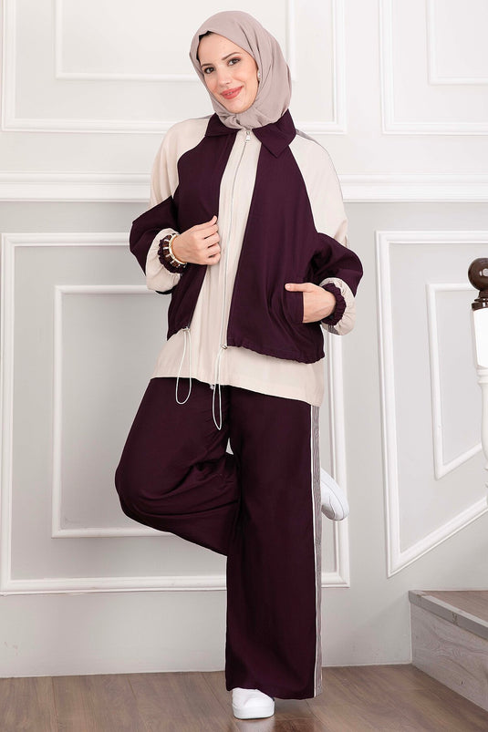 Oversize Fermuarlı İkili Spor Takım Bordo