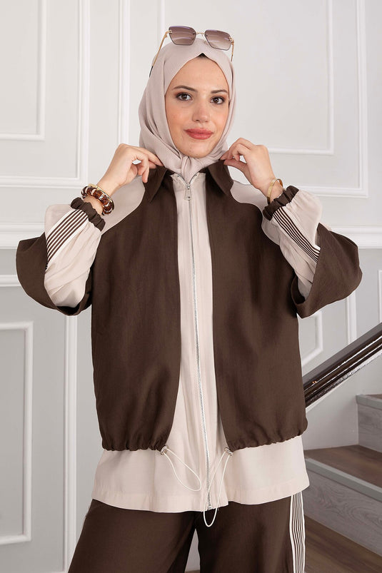 Oversize Fermuarlı İkili Spor Takım Kahve