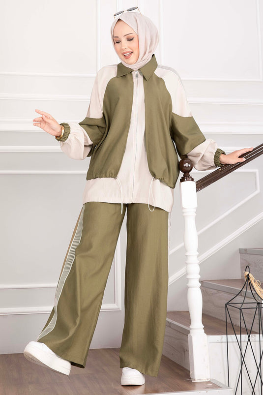 Ensemble De Sport Oversize Vert Olive À Fermeture Éclair