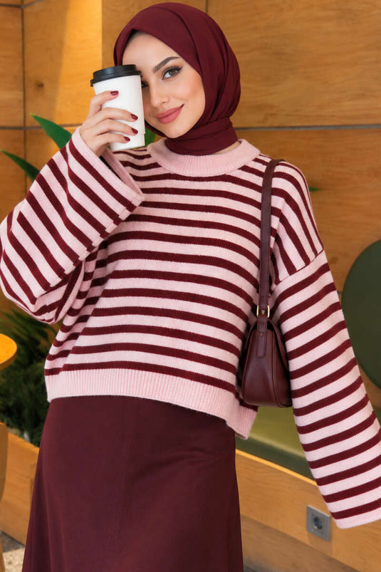 Oversized Thin Striped Knit Sweater Burgundy
