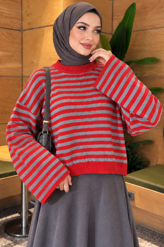 Oversized Dünner Gestreifter Strickpullover Rot