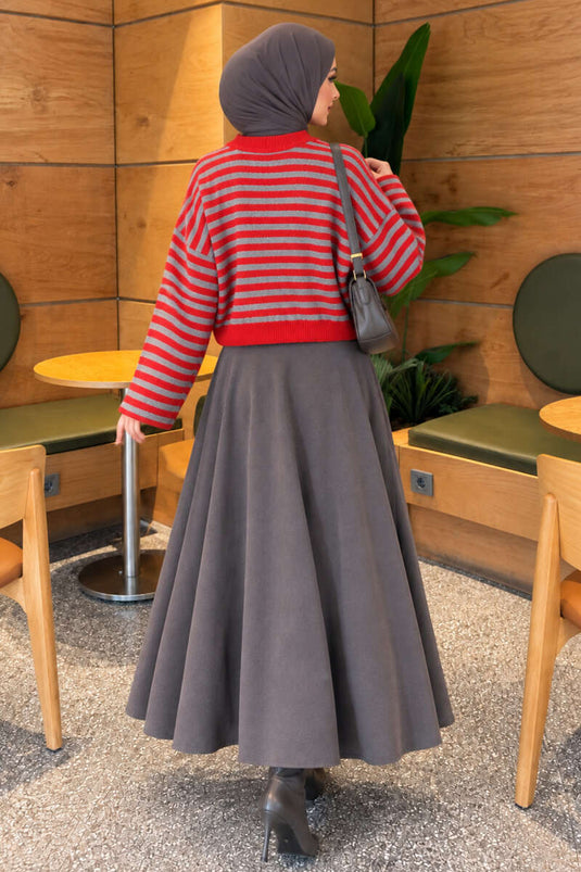 Oversized Dünner Gestreifter Strickpullover Rot