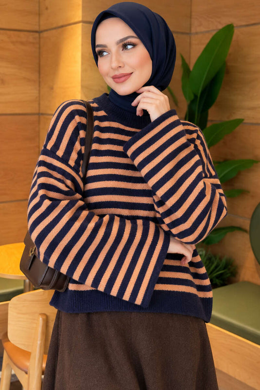 Oversized Thin Striped Knit Sweater Navy