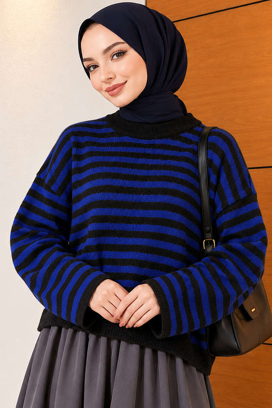 Oversize İnce Çizgili Triko Kazak Saks