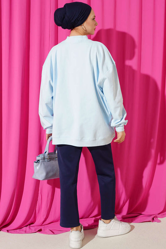 Oversize İnterlok Basic Tunik Buz Mavisi