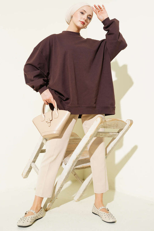 Oversize İnterlok Basic Tunik Kahve