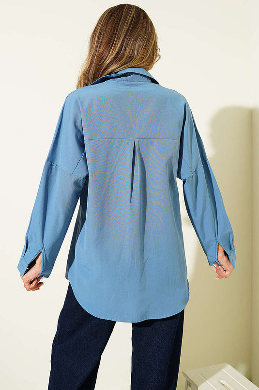 Oversize Kalıp Basic Gömlek İndigo