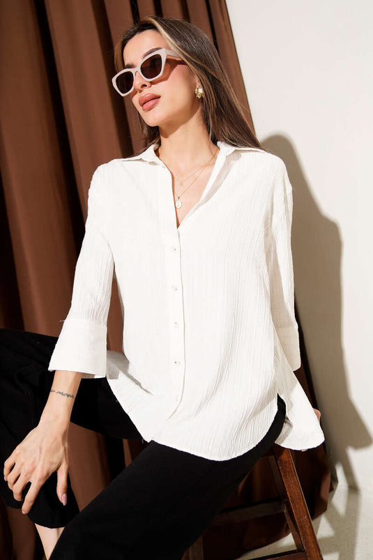 Oversize Krinkıl Gömlek Ekru